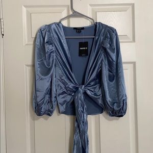 Blue cute silk long sleeve blouse